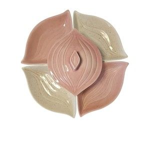 Vintage MCM USA L34 Vegetable Chip & Dip Pottery Serving Trays Bowl Lid Pink